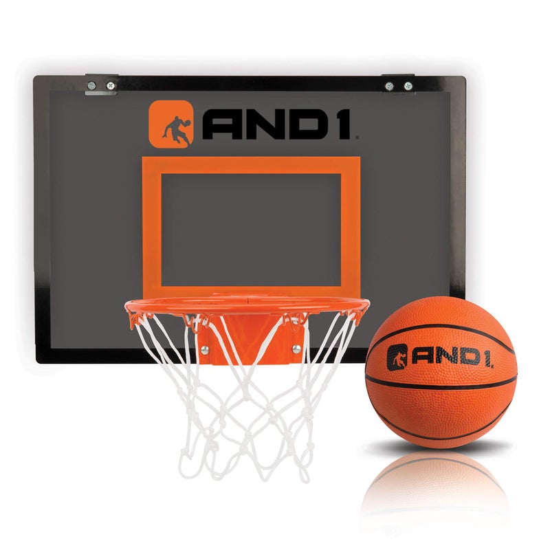 AND1 Over The Door Mini Hoop: - 18â€x12â€ Easy to Install Portable Basketball Hoop with Steel Rim, Includes 5â€ Mini Basketball, Indoor Game Set for Children and Adults- Grey - Image 1